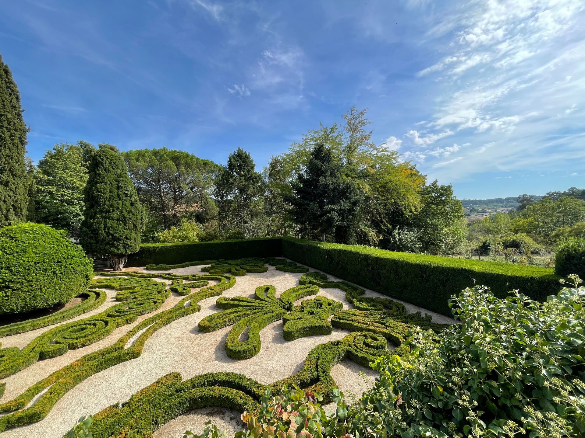 Intricate topiary garden under a bright blue sky in Vila Real, Portugal.